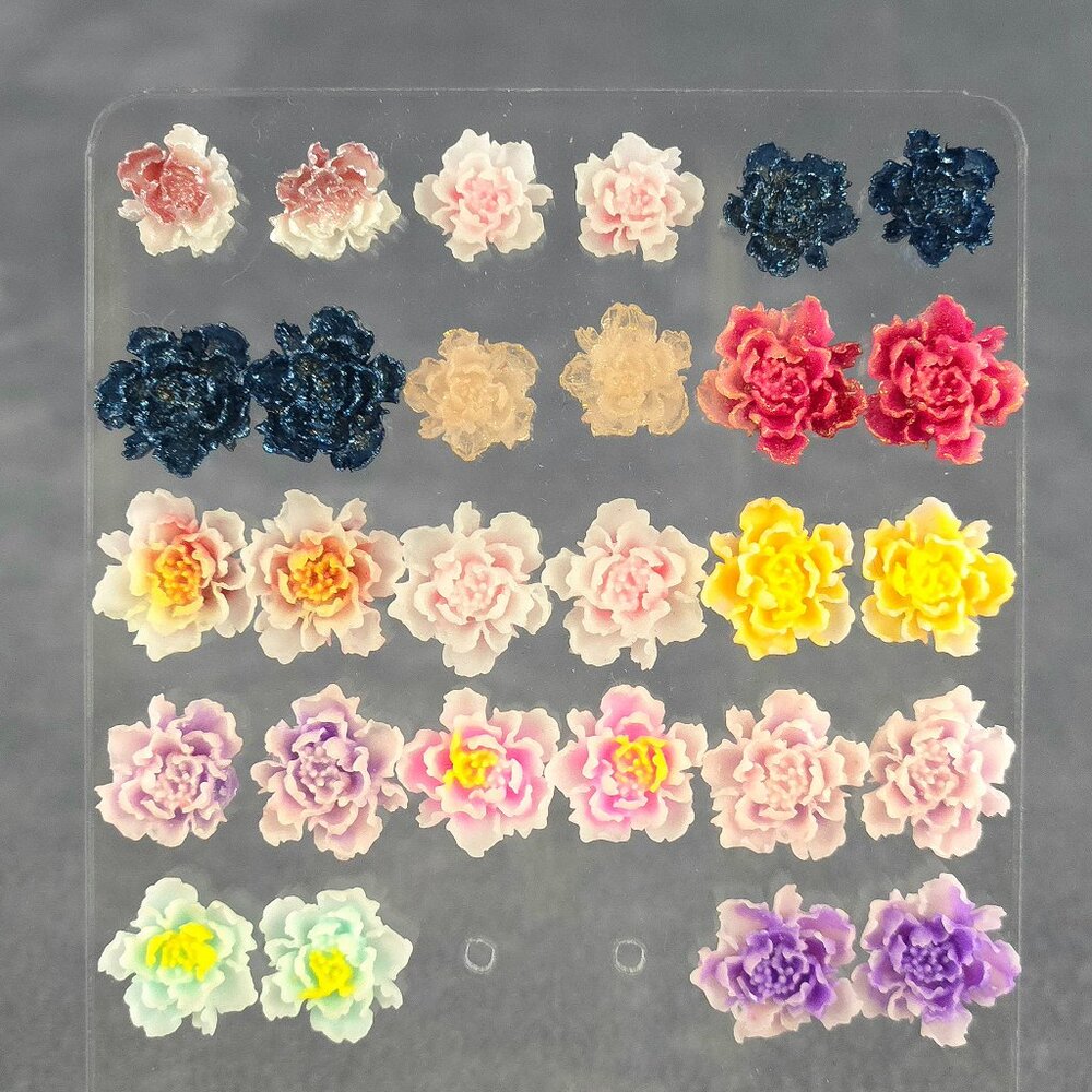 Peony Flower Stud Earrings with Stainless Steel Post, Butterfly & Silicone Backs